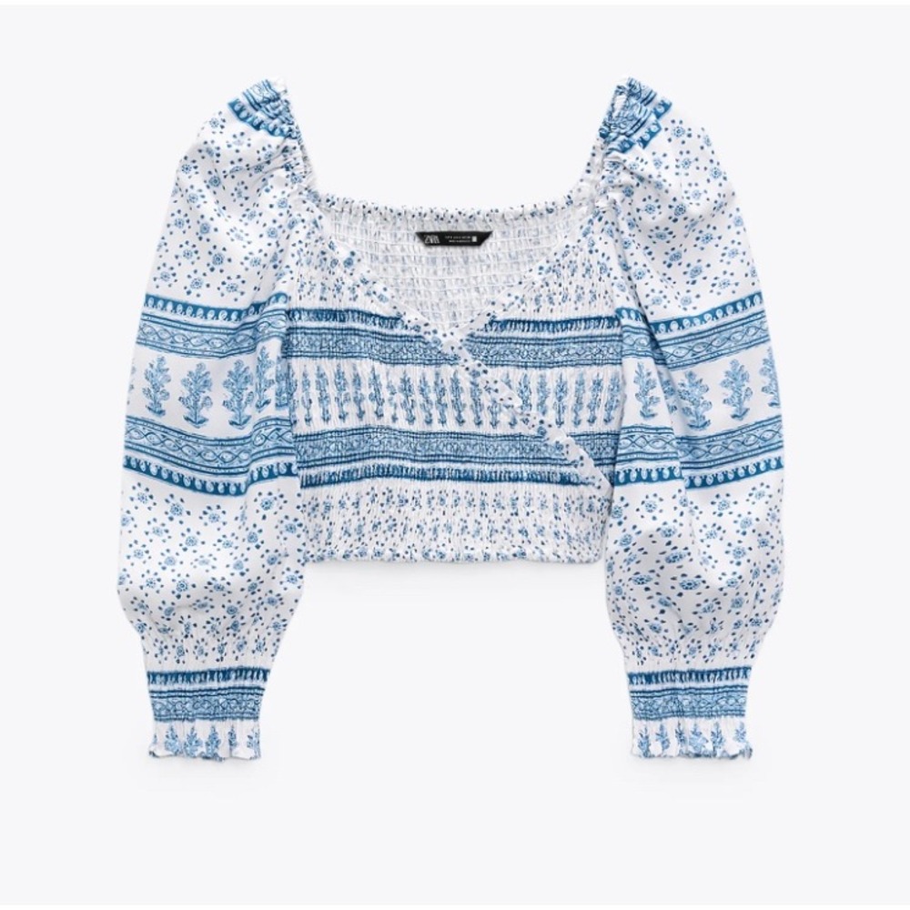 Zara White and Blue Printed Smocked Crop Top